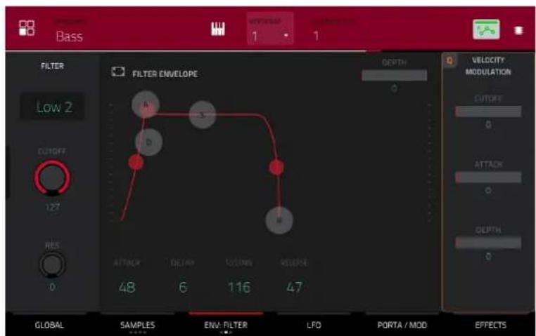 Bass FILTER Low 2 CUTOFF 127 RES 0 FILTER ENVELOPE DEPTH VELOCITY MODULATION CUTOFF 0 ATTACK 0 DEPTH 0 GLOBAL SAMPLES ENV FILTER LFO PORTA / MOD EFFECTS