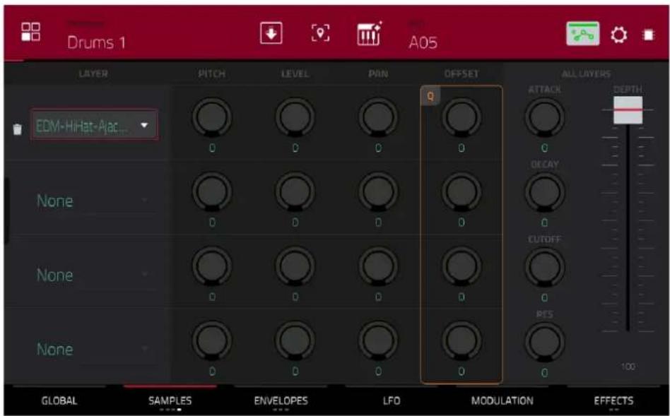 Drums 1 A05 LAYER EDM-HiHat-Ajac... PITCH LEVEL PAN OFFSET ALL LAYERS ATTACK DEPTH None 0 0 0 0 DECAY 0 0 CUTOFF 0 0 RES 0 0 100 GLOBAL SAMPLES ENVELOPES LFD MODULATION EFFECTS