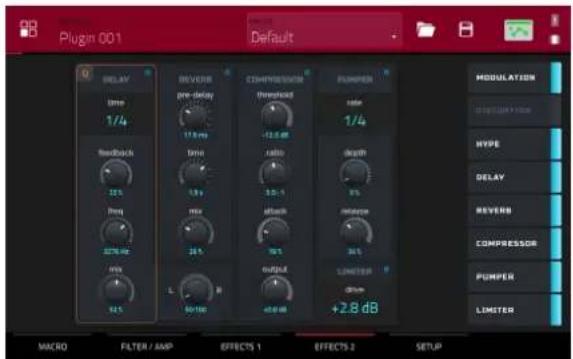 Plugin 001 Default MODULATION TYPE DELAY REVERB PRE-DELAY COMPRESSOR PUMPER 1/4 17.5 ms 12.5 dB 1/4 1.9 s 3.0 s 3.0 s depth reversor 2.8 dB MAYA DEAVES REVERB COMPRESSOR PUMPER LIMITED +2.8 dB MACRO FILTER / AMP EFFECTS 1 EFFECTS 2 SETUP