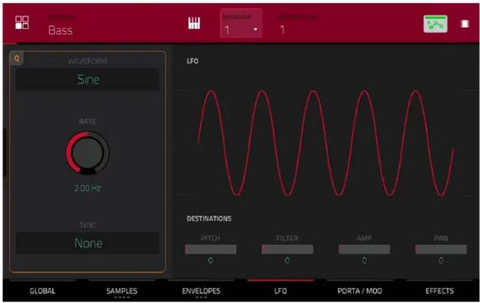 Bass WAVEFORM Sine RATE 2.00 Hz SYNC None LFO DESTINATIONS PITCH FILTER AMP PAN GLOBAL SAMPLES ENVELOPES LFO PORTA / MOD EFFECTS