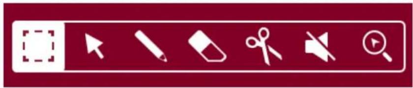 Row of software toolbar icons including arrow, pencil, eraser, scissors, video player, and play button