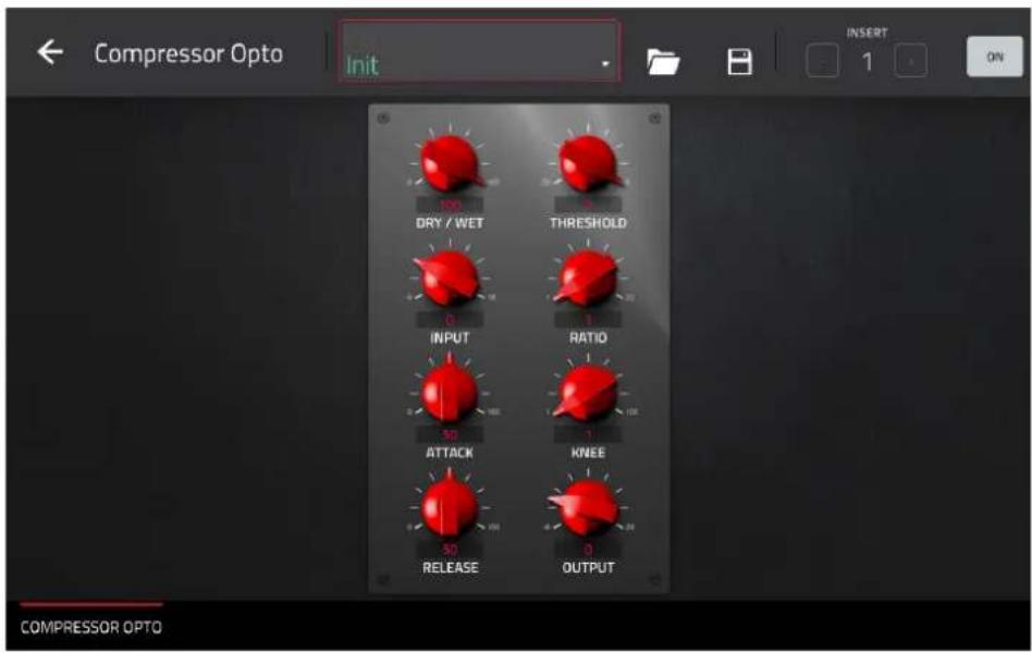 Compressor Opto Init 100 DRY / WET THRESHOLD INPUT RATIO 50 1 ATTACK KNEE 50 RELEASE OUTPUT INSERT 1 ON COMPRESSOR OPTO