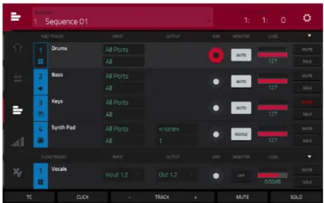 1 Sequence 01 MID TRACKS INPUT OUTPUT AVY MONITOR LEVEL Drums All Ports AUTO 127 MUTE SOLD Bass All Ports AUTO 127 MUTE SOLD Keys All Ports AUTO 127 MUTE SOLD Synth Pad All Ports MARGE 127 MUTE SOLD AUDIO TRACKS INPUT OUTRAT ARM MONITOR LEVEL Vocals Input 1.2 Out 1.2 OFF 0.00dB MUTE SOLD TC CLICK TRACK MUTE SOLO