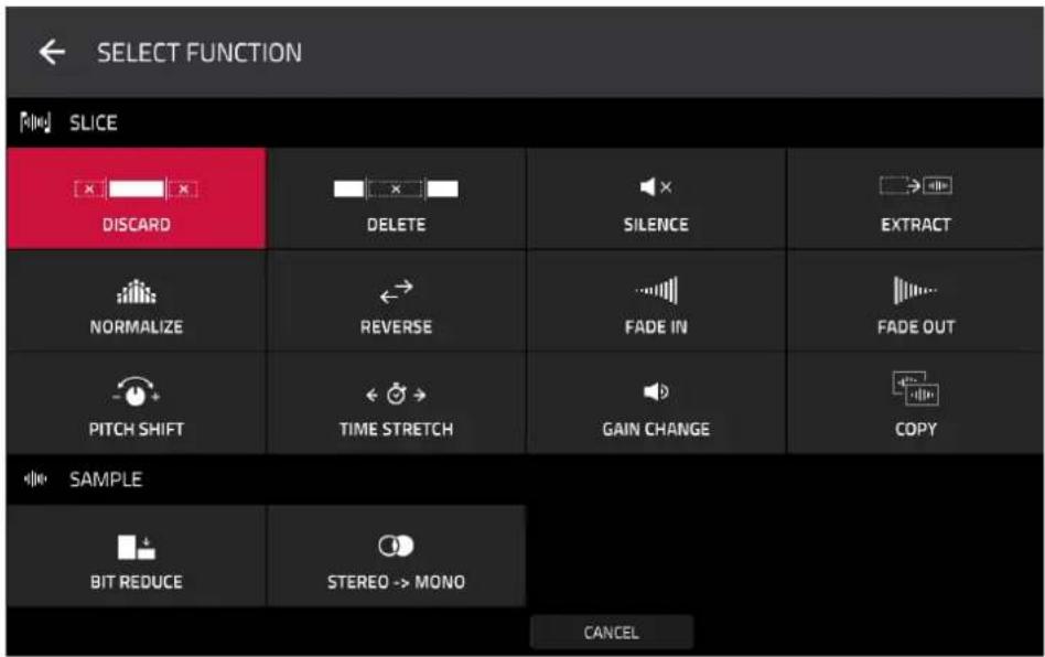 SELECT FUNCTION SLICE DISCARD DELETE SILENCE EXTRACT NORMALIZE REVERSE FADE IN FADE OUT PITCH SHIFT TIME STRETCH GAIN CHANGE COPY SAMPLE BIT REDUCE STEREO -> MONO CANCEL