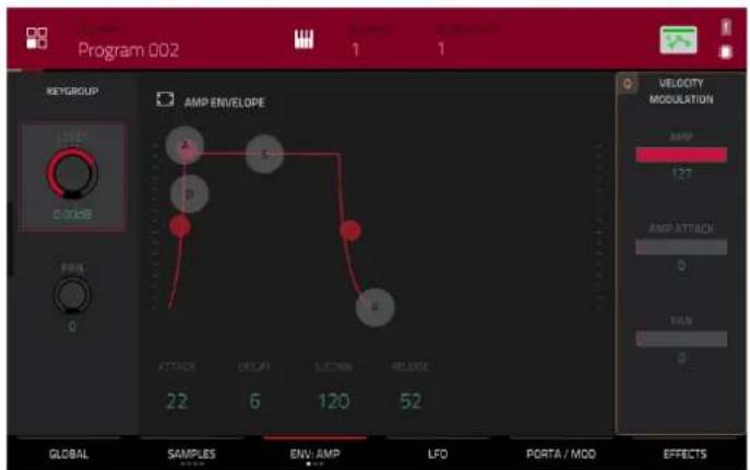 Program 002 1 1 KEYGROUP AMP ENVELOPE AVG 0.0008 PEN 0 VELOCITY MODULATION AMP 127 AMP-ATTACH 0 PAN 0 ATTACH DECAP SUCTAB RELONG 22 6 120 52 GLOBAL SAMPLES ENV: AMP LFO PORTA/MOD EFFECTS