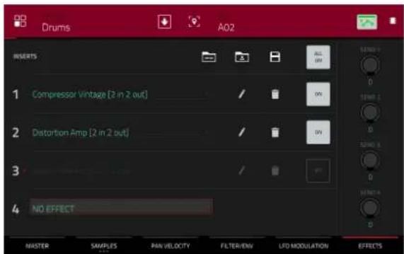 Drums AO2 INSERTS 1 Compressor Vintage [2 in 2 out] 2 Distortion Amp [2 in 2 out] 3 NO EFFECT MASTER SAMPLES PAN VELOCITY FILTER/ENV LFD MODULATION EFFECTS