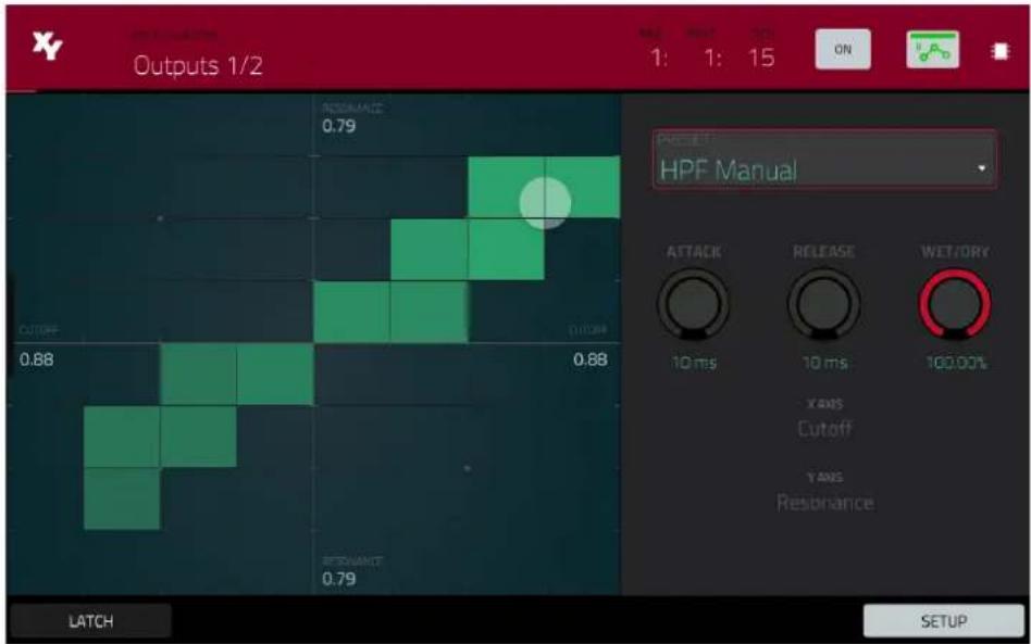 Outputs 1/2 1: 1: 15 ON OUTPUT 0.79 CUTOFF OUTPER 0.88 OUTPER 0.88 LATCH OUTPUT OUTPUT OUTPUT HPF Manual ATTACK RELEASE WETORY 10 ms 10 ms 100.00% X ANS CUTOFF Y ANS Resonance LATCH SETUP