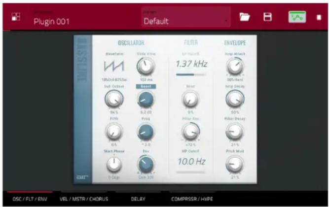 Plugin 001 Default OSCILLATOR Waveform 30Hz Time 100Ω/825/5Hz Sub-Output Input 6.2 dB Freq 400 Hz HP Output 10.0 Hz FILTER 1.37 kHz Ampl Attach 30% Hard Ampl Delay 50% Filter Delay 21% Pick Mod 21% OSC / FLT / ENV VEL / MSTR / CHORUS DELAY COMPRESSR / HVPE