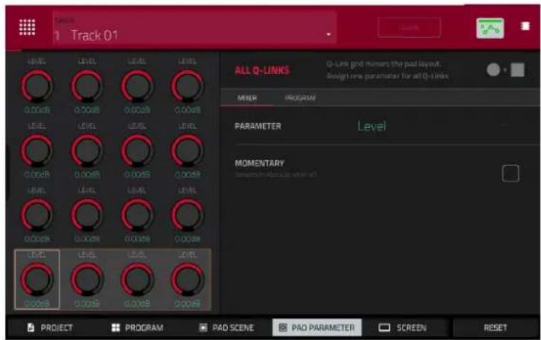 Track 01 LEVEL 0.00dB LEVEL 0.00dB LEVEL 0.00dB LEVEL 0.00dB LEVEL 0.00dB LEVEL 0.00dB LEVEL 0.00dB LEVEL 0.00dB LEVEL 0.00dB LEVEL 0.00dB LEVEL 0.00dB LEVEL 0.00dB LEVEL 0.00dB LEVEL ALL Q-LINKS Q-Link grid rumors the pad layout. Assign one parameter for all Q-Links MVER PROGRAM PARAMETER Level MOMENTARY PROJECT PROGRAM PAD SCENE PAO PARAMETER SCREEN RESET