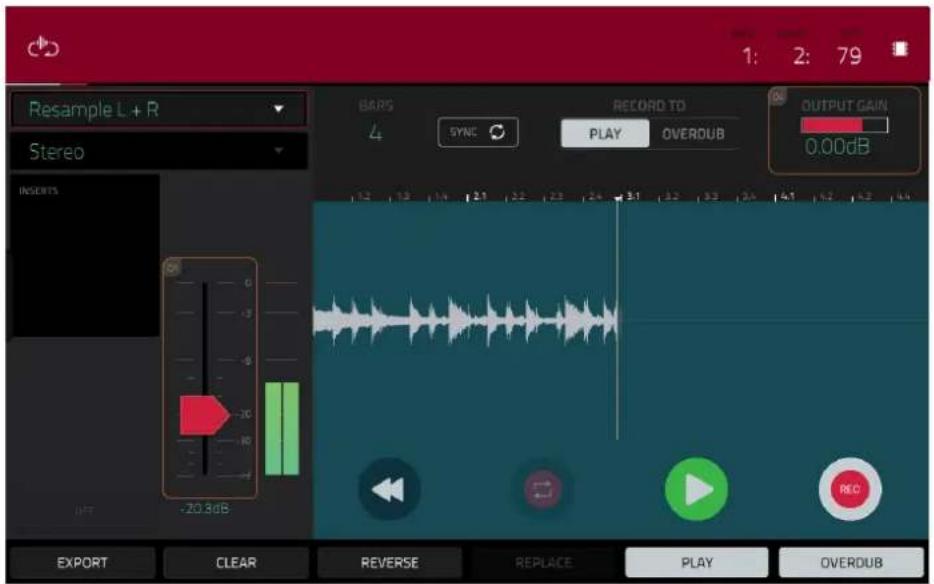 Resample L + R Stereo INSERTS OFF -20.3dB BARS SYNC RECORD TO PLAY OVERDUB OUTPUT GAIN 0.00dB EXPORT CLEAR REVERSE REPLACE PLAY OVERDUB