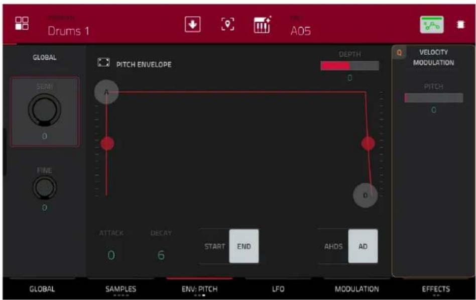 Drums 1 A05 GLOBAL SEM 0 FINE 0 PITCH ENVELOPE DEPTH 0 VELOCITY MODULATION PITCH 0 ATTACK DECAY START END AHDS AD GLOBAL SAMPLES ENV: PITCH LFO MODULATION EFFECTS