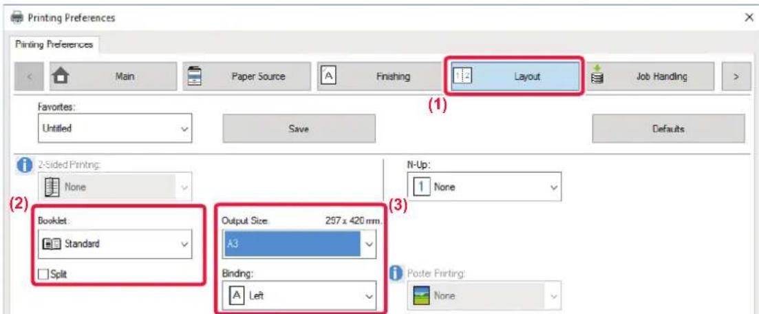 Printing Preferences Printing Preferences Main Paper Source Finishing Layout Job Handling Favorites: Untitled Save Defaults 2-Sided Printing: None Booklet: Standard Split Output Size: 297 x 420 mm. A3 Binding: Left N-Up: None Poster Printing: None