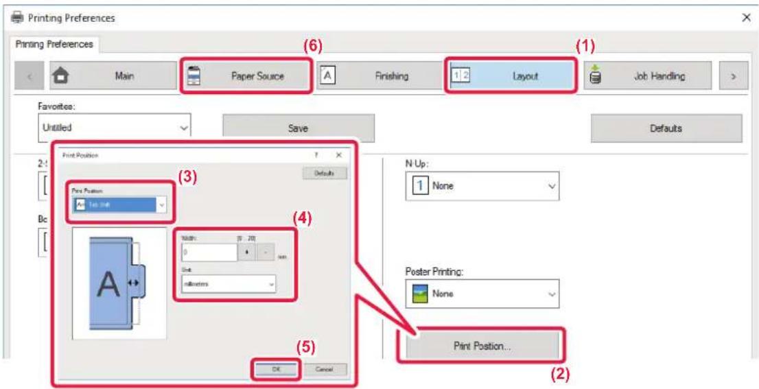 Printing Preferences Printing Preferences Main Paper Source Finishing Layout Job Handling Favorites: Untitled Save Defaults Print Position (3) Print Position Sub Unit (4) Width: 15.20 mm Size: millimeters N Up: None Poster Printing: None Print Position... OK Cancel (5) (2)