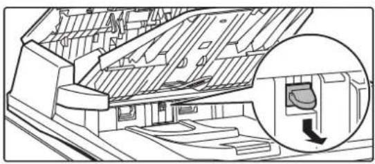 Architectural line drawing of a building interior with structural details and an inset showing a staircase (no text or symbols)