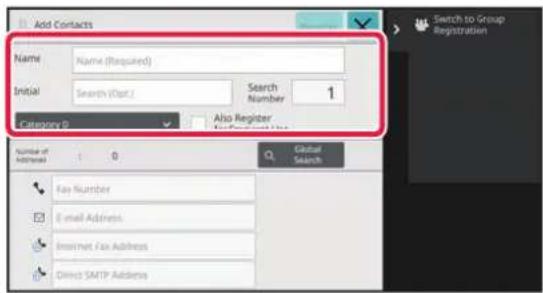 Add Contacts Name Name (Required) Initial Search (Opt.) Search Number 1 Category 2 Also Register Number of ADDRESS 0 Digital Search Fax Number E-mail Address Imprint Fax Address Direct SMTP Address