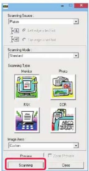Scanning Source: Platen A: Left edge left first C: Top edge left first Scanning Mode: Standard Scanning Type: Monitor Photo FAX OCR Image Area: Custom Process Cancel Privacy Scanning Close