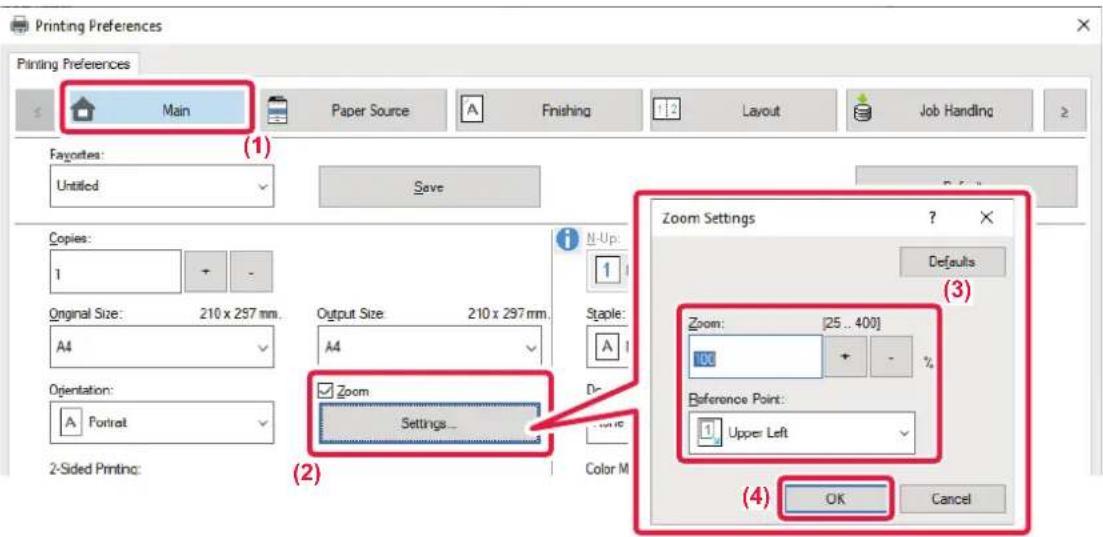 Printing Preferences Printing Preferences Main Paper Source Finishing Layout Job Handling Favorites: Untitled Save Copies: 1 Original Size: 210 x 257 mm. A4 Orientation: A Portrait 2-Sided Printing: Output Size: 210 x 297 mm. A4 Zoom Settings N-Up: 1 Staple: A (D) Color M (2) Zoom Settings ? × Defau…