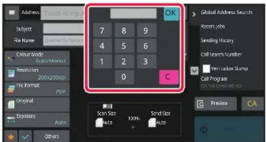 Address Touch to input Subject: File Name Spread by Search Colour Mode Auto/Manie? Resolution 200x200dpi File Format PDF Original Exposure Auto Others 7 8 9 4 5 6 1 2 3 0 C Scan Size Auto 100% Send Size Auto Global Address Search Recent Jobs Sending History Call Search Number Verification Stamp Call…