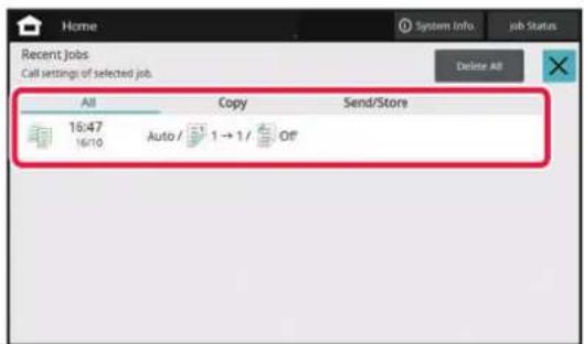 Home System Info job Status Recent Jobs Call settings of selected job. Delete All All Copy Send/Store 16:47 Auto / 1 → 1 / Off