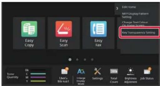 Edit Home MFY Display Pattern Setting Change Text/Colour F3: 100% Scans Key Transparency Setting Easy Copy Easy Scan Easy Fax Tuner Quantity EA M Y Users Ma x 2x1 Voltage Display Music Settings Total Count Brightness Adjustment Job Status