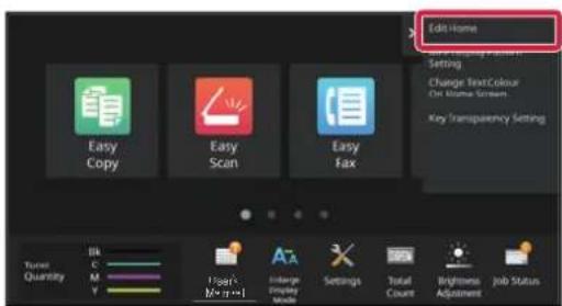 Edit Home Easy Copy Easy Scan Easy Fax Setting Change Text Colour On Blume Screen Key Transparency Setting Tunnel Quantity BA C M V Finger- [0-1] Eange Gray Mode Settings Total Count Brightness Adjustment Job Status