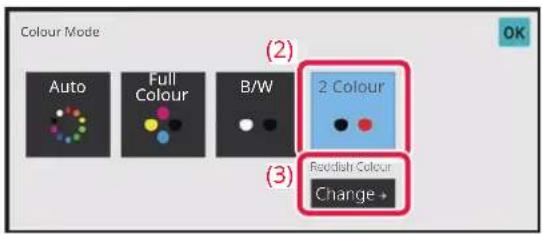 Colour Mode: Auto, Full Colour, B/W, (2), 2. Colour, Reedish Colour, Change +, (3)
