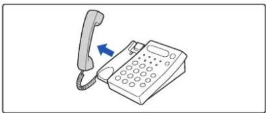 Illustration of a classic telephone handset and keypad with a blue arrow indicating left-hand rule (no text or symbols)
