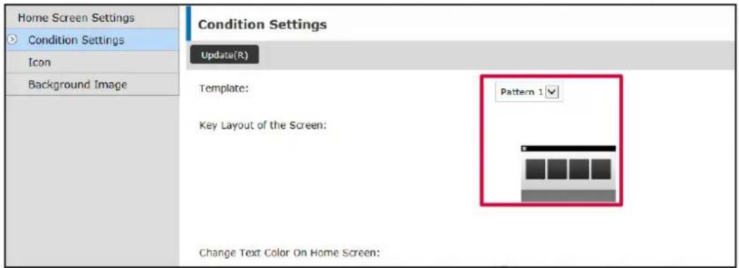 Home Screen Settings. Condition Settings. Icon. Background Image. Condition Settings. Update(R). Template: Pattern 1. Key Layout of the Screen: Change Text Color On Home Screen: