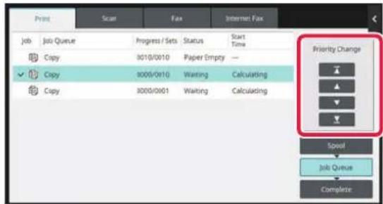 Job Job Queue Progress / Sets Status Start Time Copy 8010/0010 Paper Empty Copy 8000/0010 Waiting Calculating Copy 8000/0001 Waiting Calculating Priority Change Speed Job Queue Complete