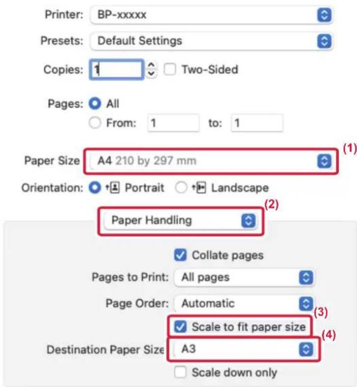Printer: BP-xxxxx Presets: Default Settings Copies: 1 Two-Sided Pages: All From: 1 to: 1 Paper Size: A4 210 by 297 mm (1) Orientation: Portrait Landscape Paper Handling (2) Collate pages Pages to Print: All pages Page Order: Automatic (3) Scale to fit paper size (4) Destination Paper Size: A3 Scale…