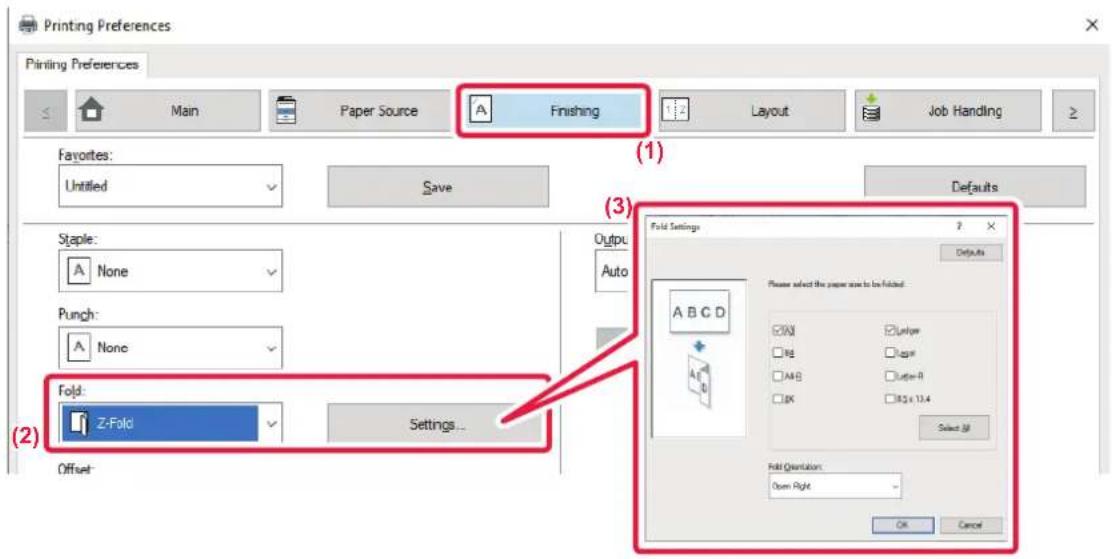 Printing Preferences Printing Preferences Main Paper Source A Finishing Layout Job Handling ≥ Favorites: Untitled Save Defaults (1) Staple: None Output Auto Punch: None Fold: Z-Fold Settings... Offset (2) Fold Settings Defaults Please select the paper size to be finished. CAX Unlaser M4 Layer AAG Li…