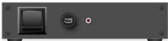 Front view of a gray electronic device rear panel with a fuse button and indicator light (no text or symbols visible)