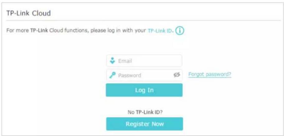 TP-Link Cloud: For more TP-Link Cloud functions, please log in with your TP-Link ID. Email, Password, Forgot password?, Log In, No TP-Link ID? Register Now.