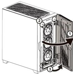Diagram of a computer tower with labeled components and directional arrows indicating internal structure