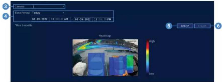 Camera 1 Time Period Today 08-09-2022 12:00:00 AM - 08-09-2022 11:00:30 PM *Max 1 month. Heat Map Search Export 5 Search Export 6