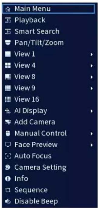 Main Menu Playback Smart Search Pan/Tilt/Zoom View 1 View 4 View 8 View 9 View 16 AI Display Add Camera Manual Control Face Preview Auto Focus Camera Setting Info Sequence Disable Beep