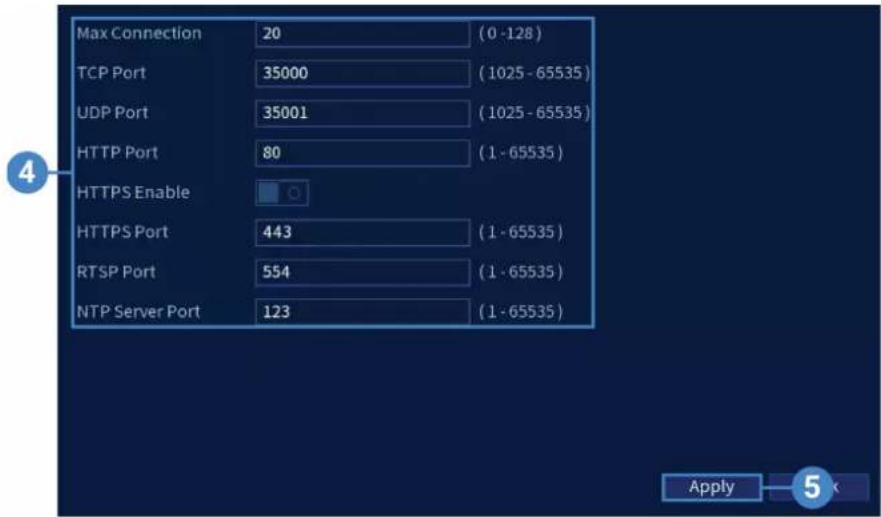 Max Connection 20 (0 -128) TCP Port 35000 (1025 - 65535) UDP Port 35001 (1025 - 65535) HTTP Port 80 (1 - 65535) HTTPS Enable HTTPS Port 443 (1 - 65535) RTSP Port 554 (1 - 65535) NTP Server Port 123 (1 - 65535)