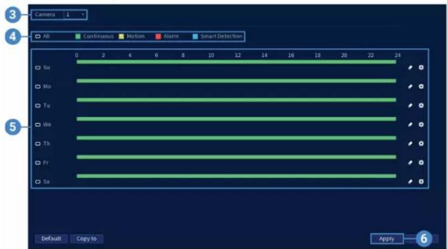 Camera 1 All Continuous Motion Alarm Smart Detection Su Mo Tu We Th Fr Sa Default Copy to Apply 6