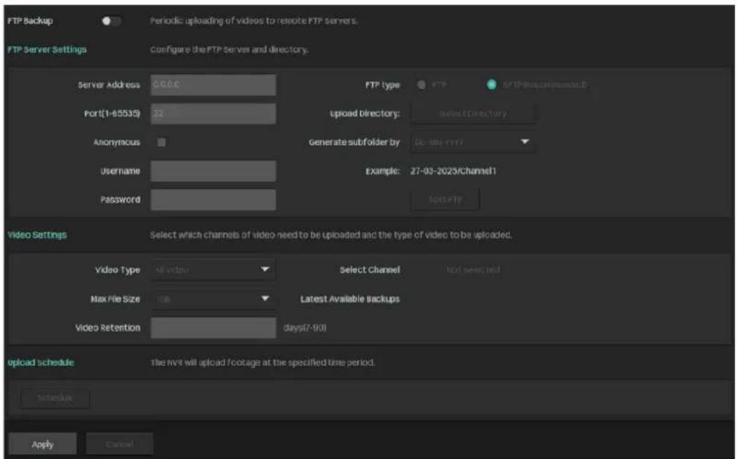 FTP Backup. Periodic uploading of videos to remote FTP servers. FTP Server Settings. Configure the FTP Server and directory. Server Address 0.0.0.0. Port(1-65535) 32. Anonymous. Username. Password. FTP type FTP. Upload Directory:. Generate subfolder by: GO-MW-CFFY. Example: 27-03-2023/Channel1. POST…