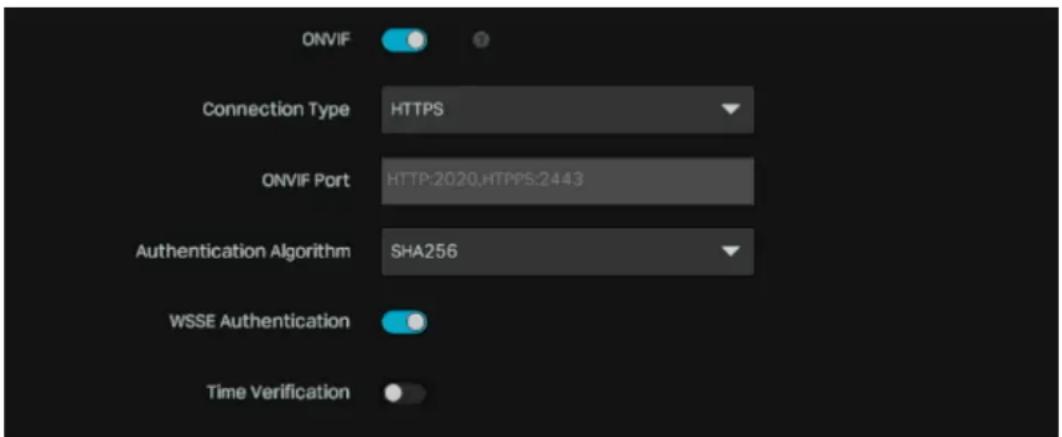 ONVIF. Connection Type HTTPS. ONVIF Port HTTP:2020, HTTPS:2443. Authentication Algorithm SHA256. WSSE Authentication. Time Verification.