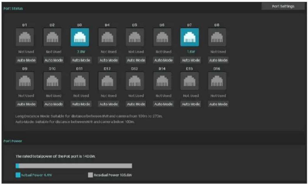 Port Status: D1 D2 D3 D4 D5 D6 D7 D8: Not Used, Not Used, 2.8W, Not Used, Not Used, Not Used, 1.6W, Not Used. Auto Mode for all. D9 D10 D11 D12 D13 D14 D15 D16: Not Used for all. Auto Mode for all. Long Distance Mode: Suitable for distance between NVR and camera from 100m to 270m. Auto Mode: Suitabl…