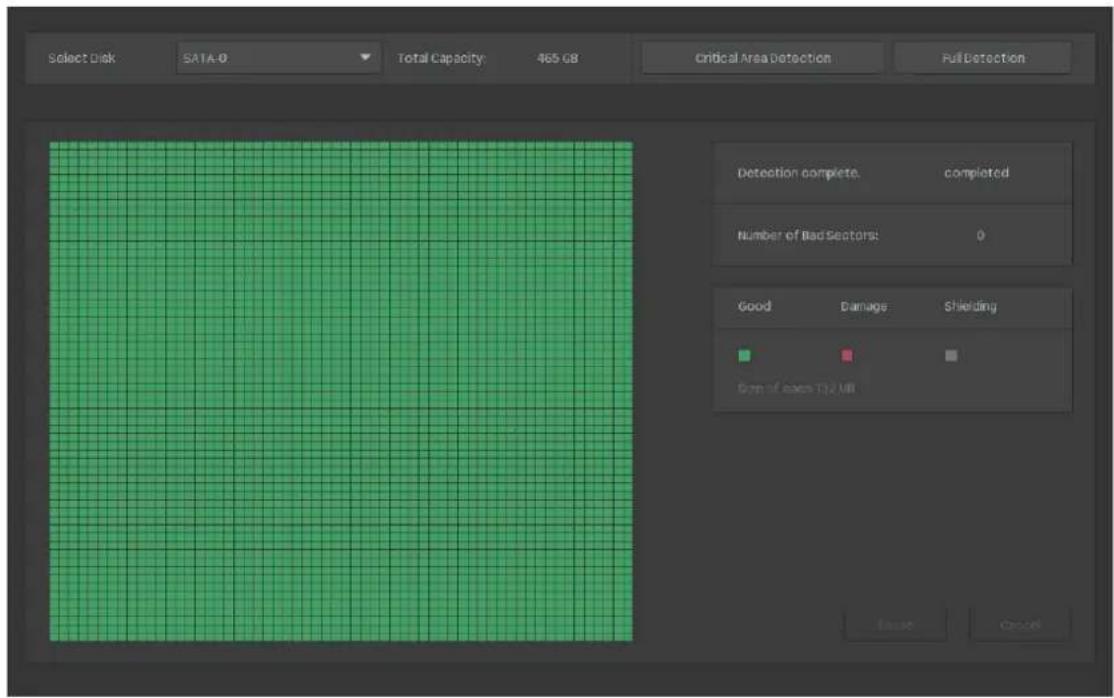 Select Disk SATA-0 Total Capacity: 465 GB Critical Area Detection Full Detection Detection complete. completed Number of Bad Sectors: 0 Good Damage Shielding Sum of cases T3 / M8 Finish Cancel