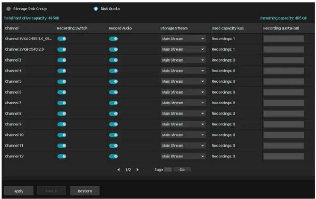 Storage Disk Group Disk Quota Total hard drive capacity: 465GB Remaining capacity: 465 GB Channel Recording Switch Record Audio Storage Stream Used capacity (GB) Recording quota (GB) Channel 1 VIGI C495 1.0_65... ● ● Main Stream Recordings: 1 Channel 2 VIGI C540 2.0 ● ● Main Stream Recordings: 1 Cha…