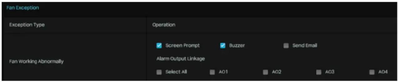 Fan Exception Exception Type Operation Screen Prompt Buzzer Send Email Fan Working Abnormally Alarm Output Linkage Select All AO1 AO2 AO3 AO4