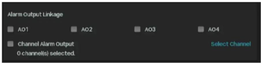 Alarm Output Linkage AO1 AO2 AO3 AO4 Channel Alarm Output 0 channel(s) selected. Select Channel