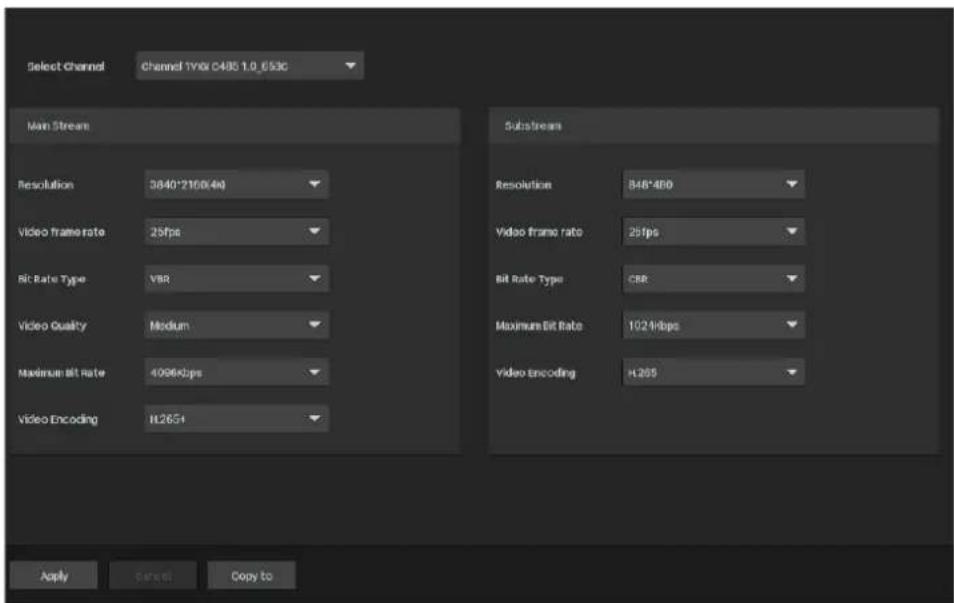 Select Channel Channel 1Y86 C485 1.0,653C Main Stream Resolution 3840*2160(4x) Video frame rate 25fps Bit Rate Type VBR Video Quality Medium Maximum Bit Rate 4096Kbps Video Encoding HL265+ Substream Resolution 848*480 Video frame rate 25fps Bit Rate Type CRR Maximum Bit Rate 1024Kbps Video encoding…