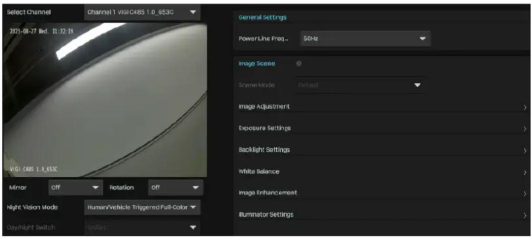 Select Channel Channel 1 VIGI C485 1.0_653C 2021-08-27 Wed. 11:22:19 VIGI C485 1.0_653C Mirror Off Rotation Off Night Vision Mode Human/Vehicle Triggered Full-Color Day/Night Switch Unifect General Settings Power Line Freq.. 50Hz Image Scene Scene Mode Default Image Adjustment > Exposure Settings >…