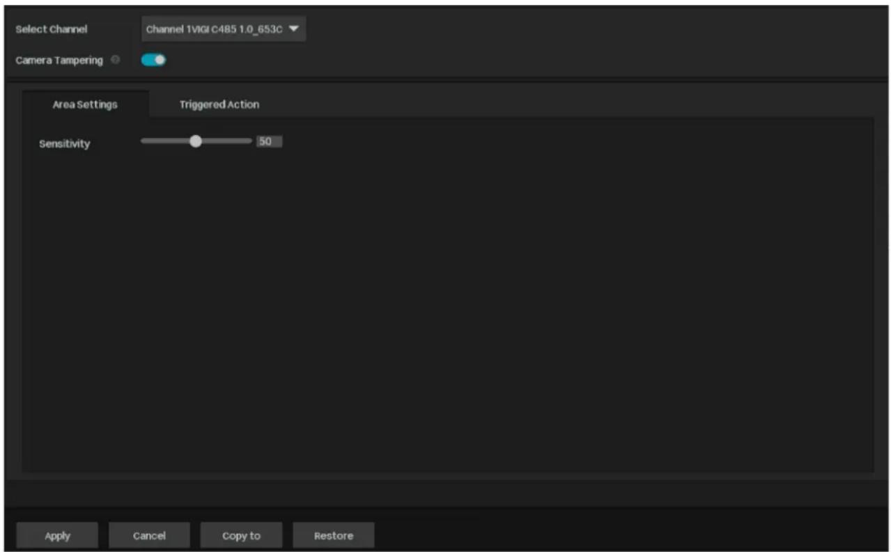 Select Channel Channel 1 VIGI C485 1.0_653C Camera Tampering Area Settings Triggered Action Sensitivity 50 Apply Cancel Copy to Restore