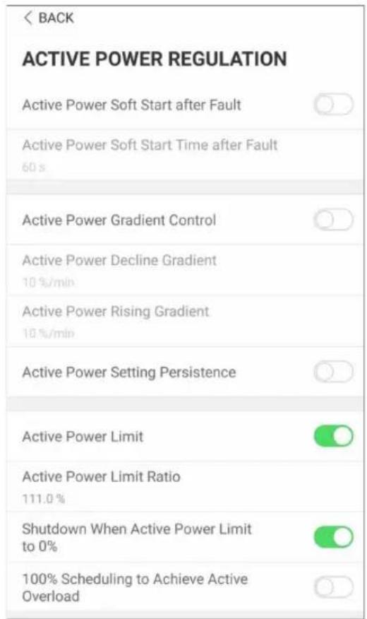 < BACK ACTIVE POWER REGULATION Active Power Soft Start after Fault Active Power Soft Start Time after Fault 60 s Active Power Gradient Control Active Power Decline Gradient 10 %/min Active Power Rising Gradient 10 %/min Active Power Setting Persistence Active Power Limit Active Power Limit Ratio 111…