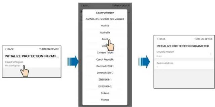 graph LR A["< BACK TURN ON DEVICE<br>INITIALIZE PROTECTION PARAM...<br>Country/Region<br>Not Configual"] --> B["→"] B --> C["< BACK TURN ON DEVICE<br>INITIALIZE PROTECTION PARAMETER<br>Country/Region<br>Brazil<br>Device Address"] C --> D["→"]